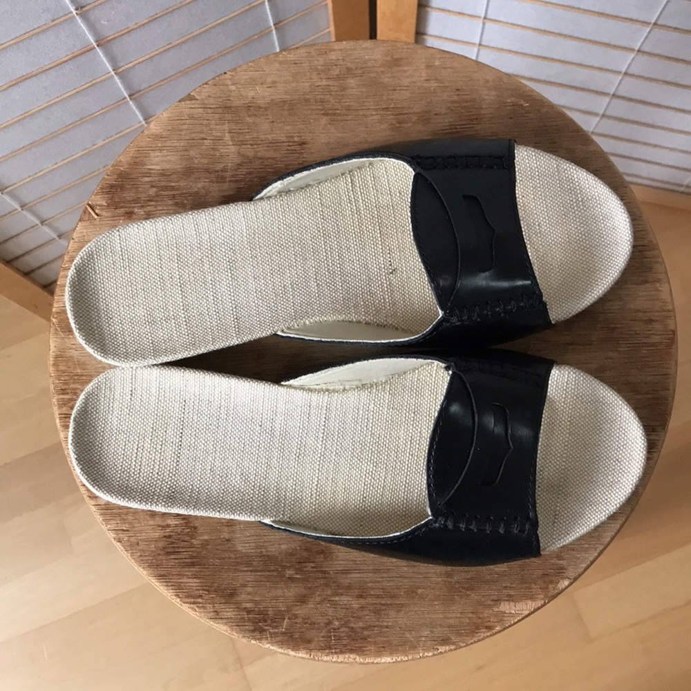 Lands End mules sz 7 black leather canvas footbed rubber sole loafer look Summer - Picture 4 of 10